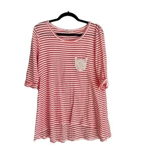 Tea N Rose Boutique Women's 3/4 Sleeve White & Salmon Striped Top Sz S GUC